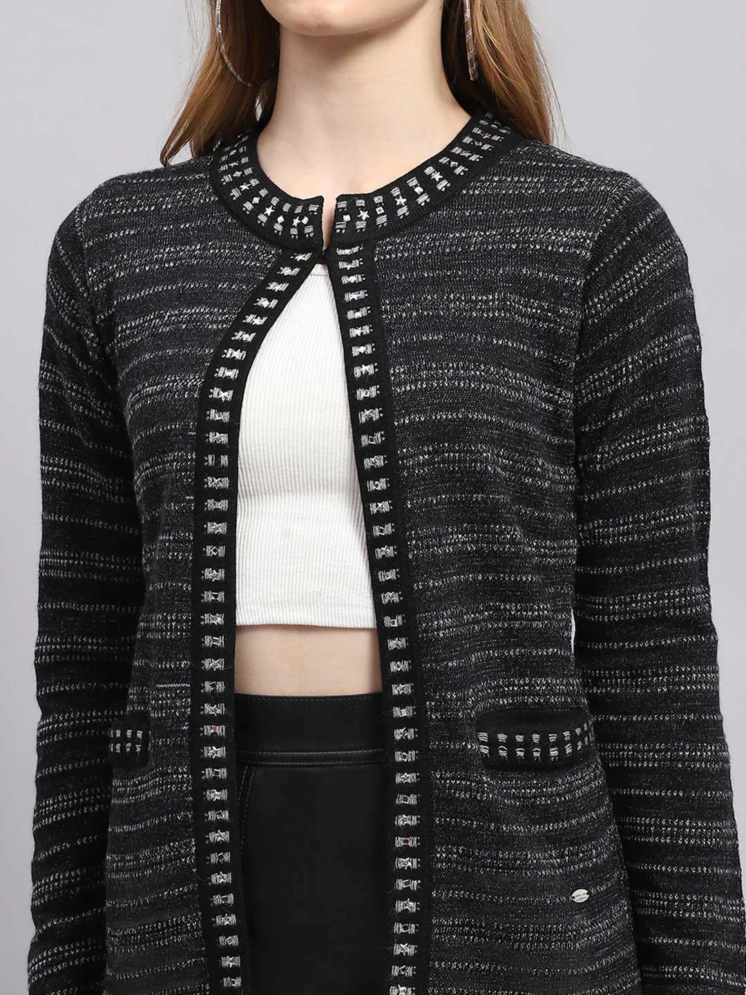 Women Black Self Design Round Neck Full Sleeve Cardigan - Image 6