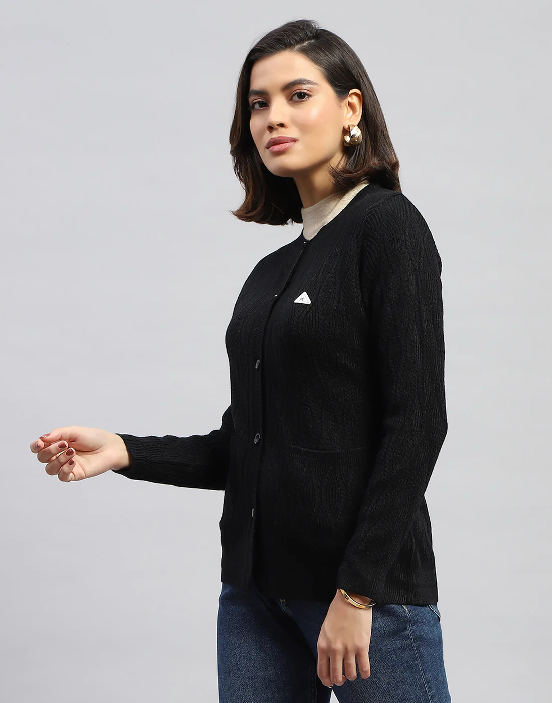 Women Black Self Design Round Neck Full Sleeve Cardigan - Image 4