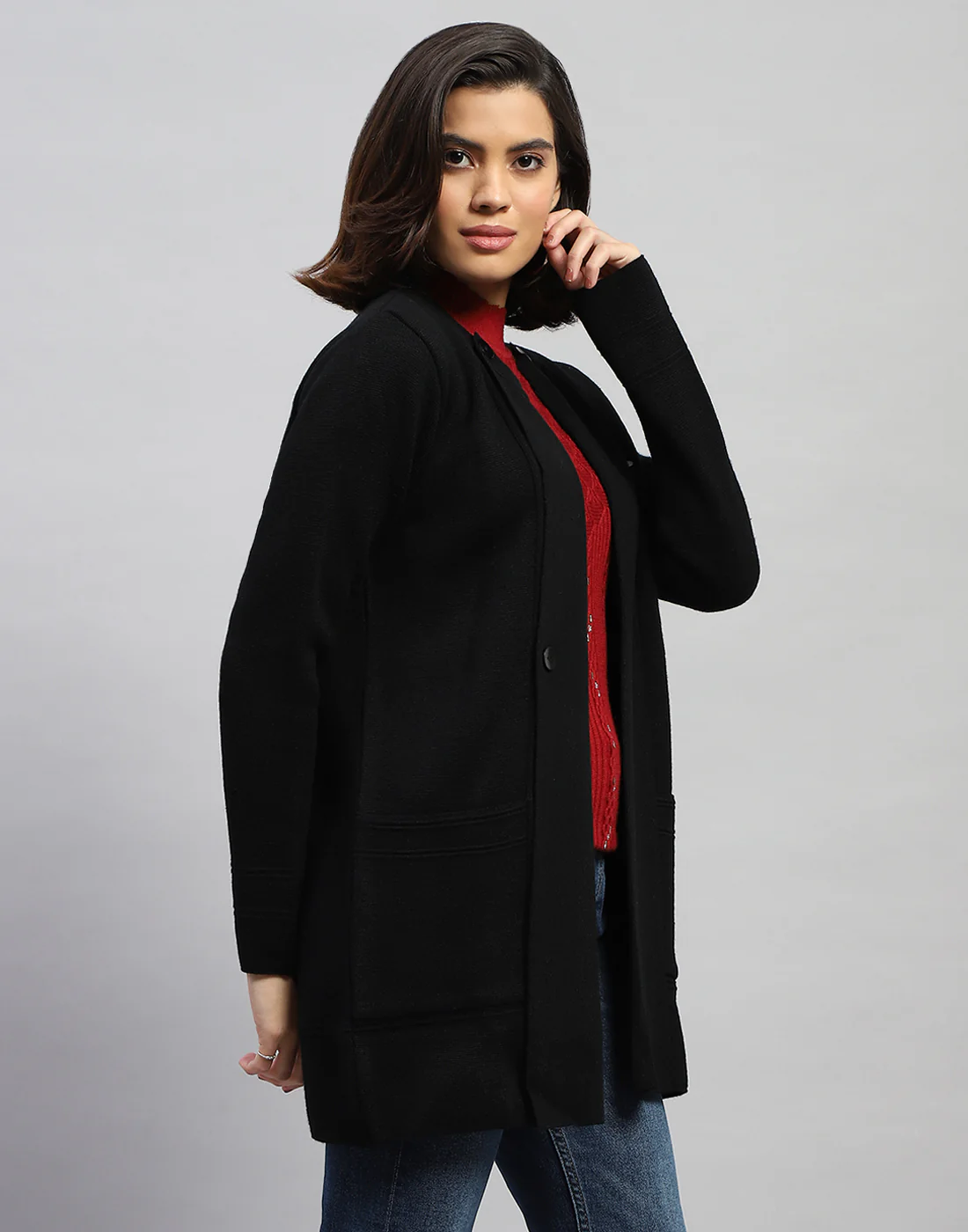 Women Black Self Design Round Neck Full Sleeve Cardigan - Image 4