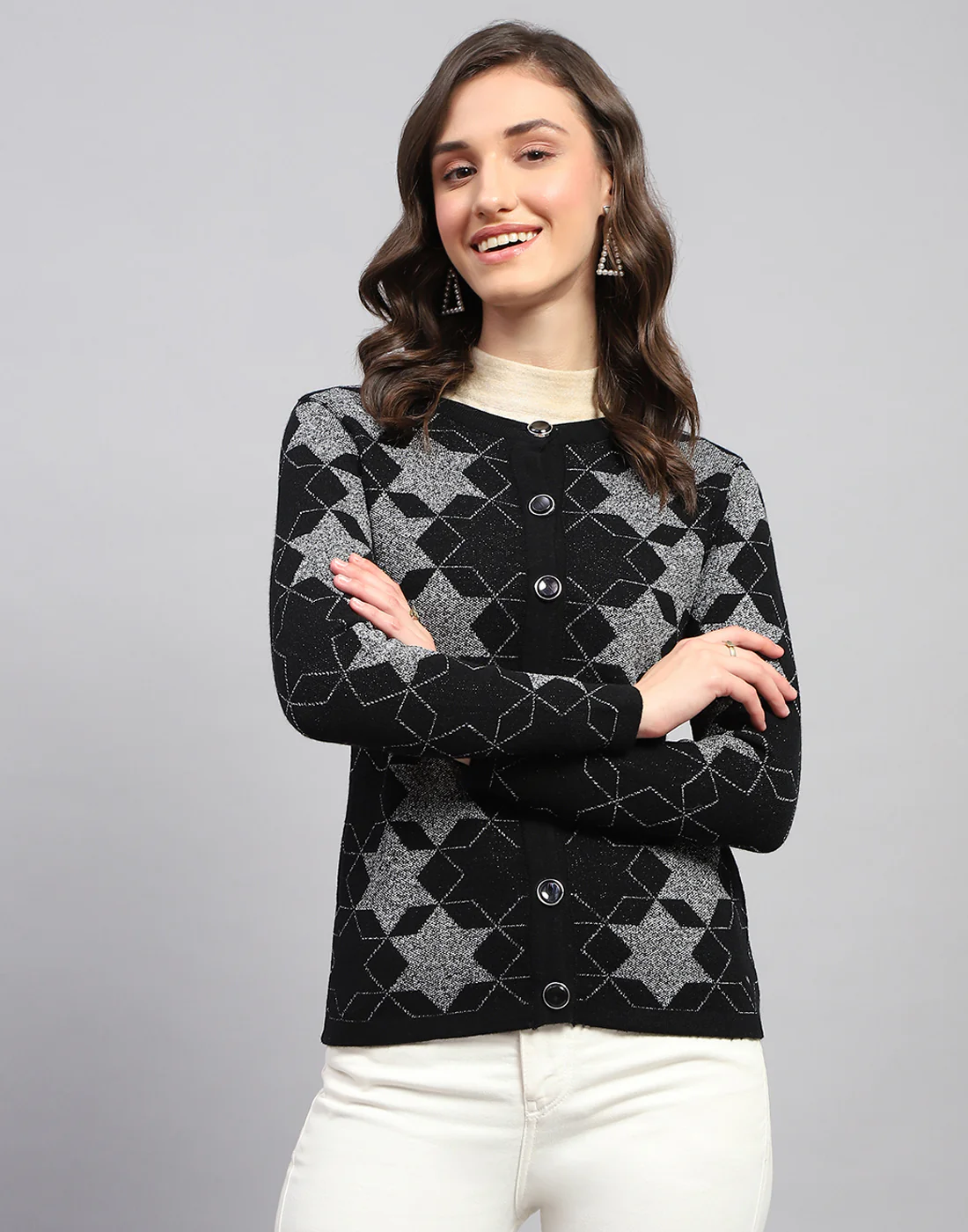 Women Black Self Design Round Neck Full Sleeve Cardigan - Image 2