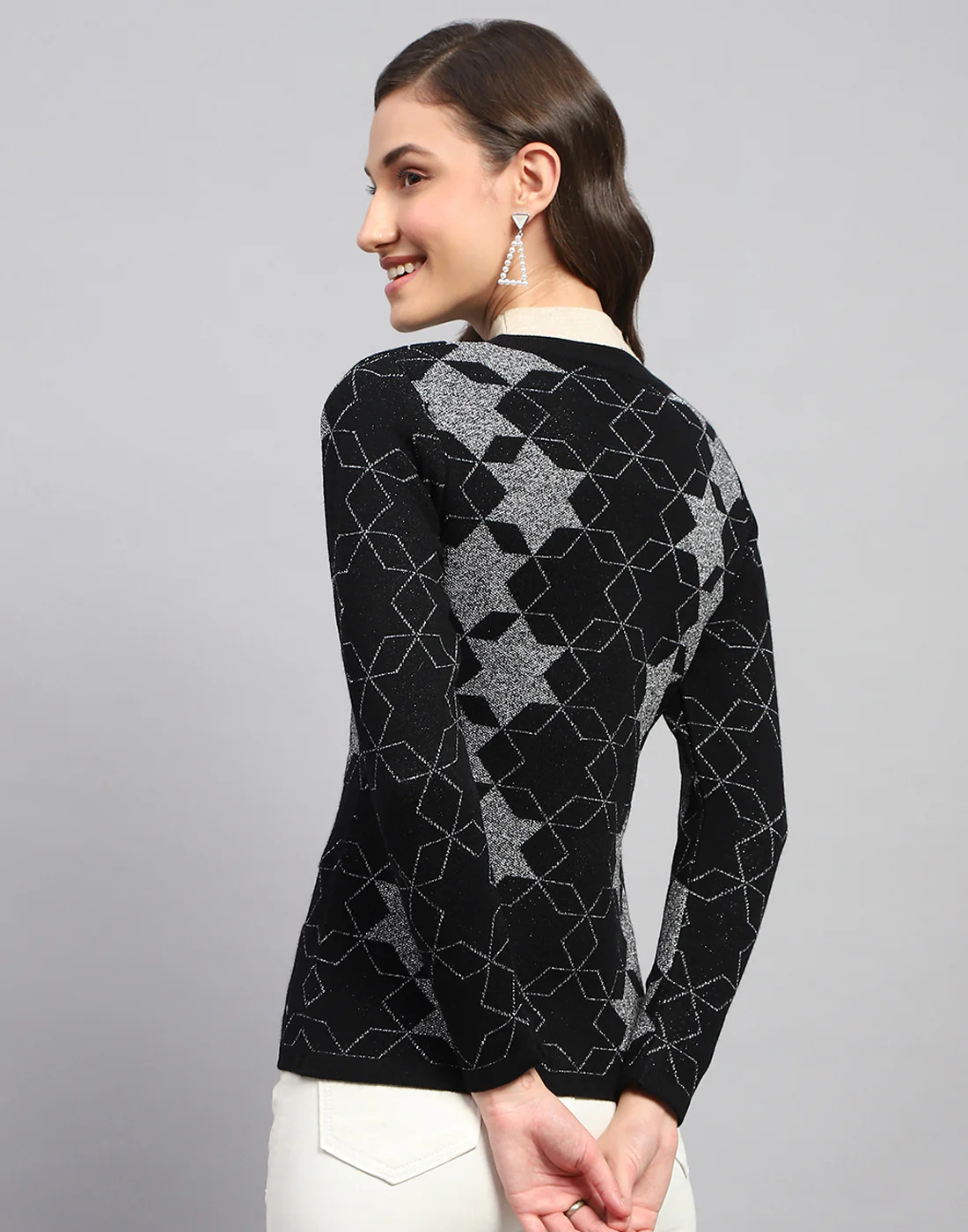 Women Black Self Design Round Neck Full Sleeve Cardigan - Image 5