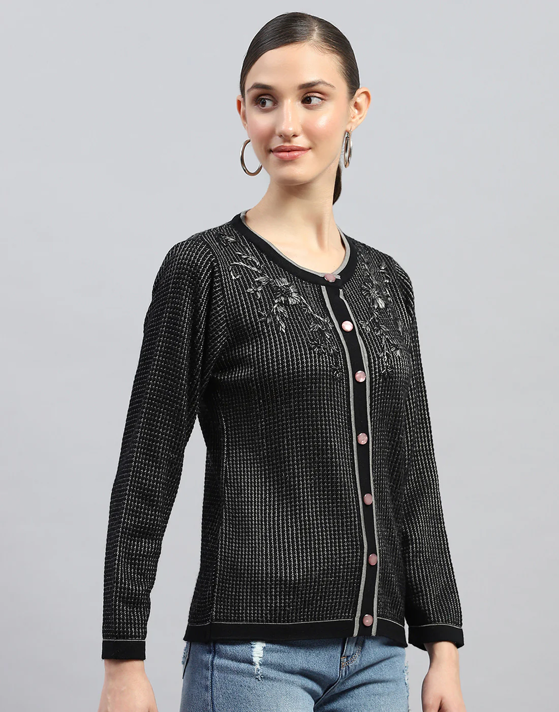 Women Black Self Design Round Neck Full Sleeve Cardigan - Image 4