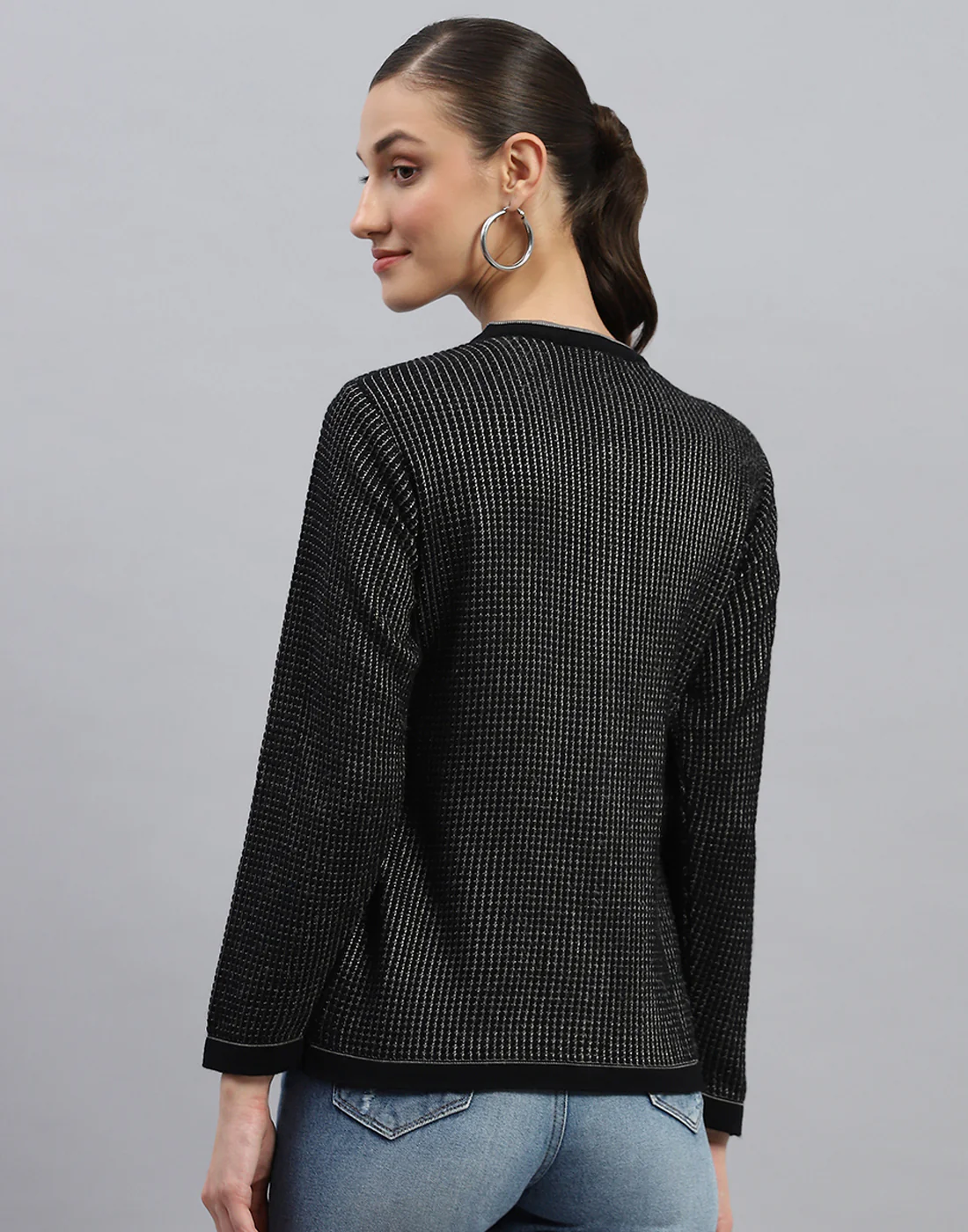 Women Black Self Design Round Neck Full Sleeve Cardigan - Image 5