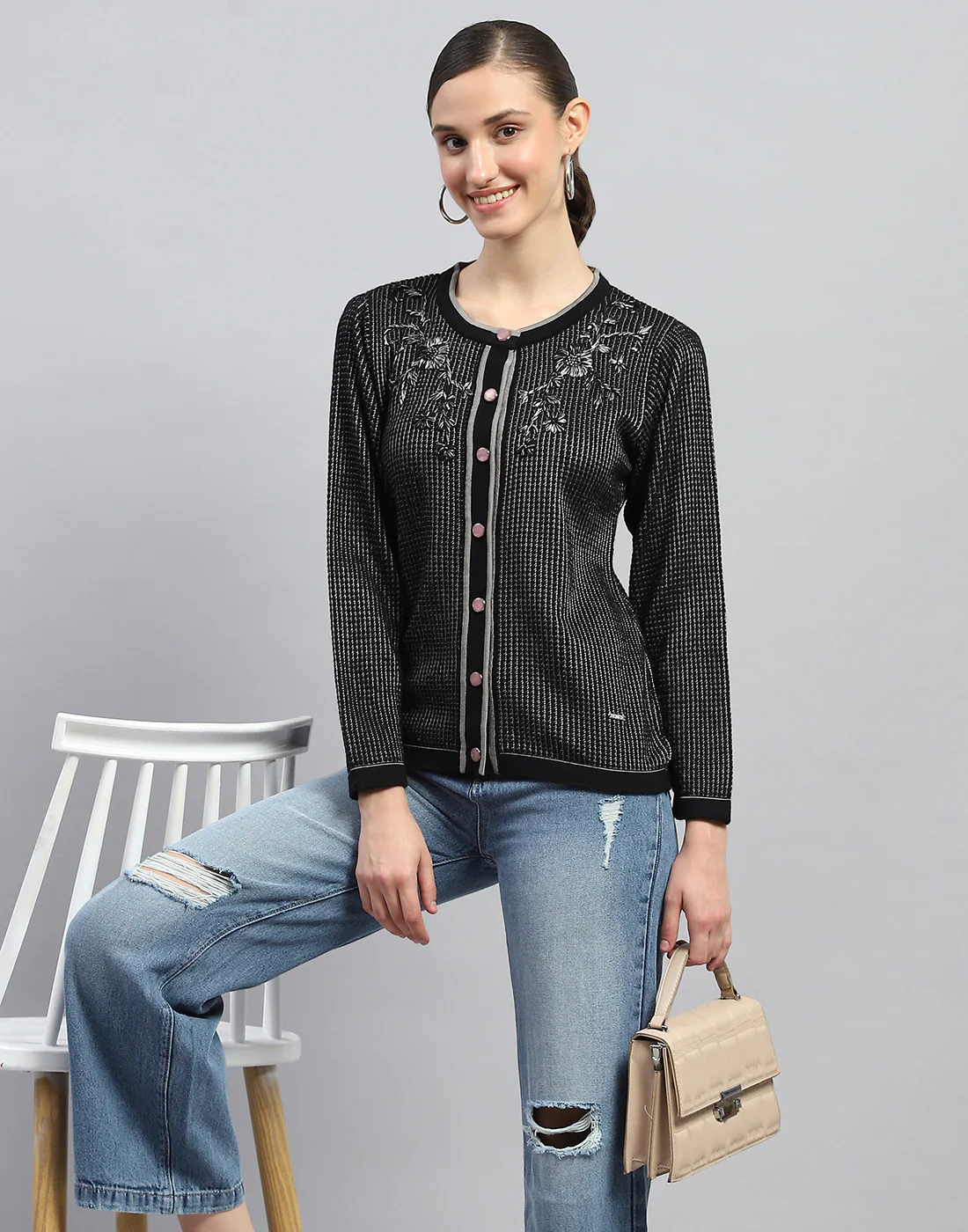 Women Black Self Design Round Neck Full Sleeve Cardigan - Image 6
