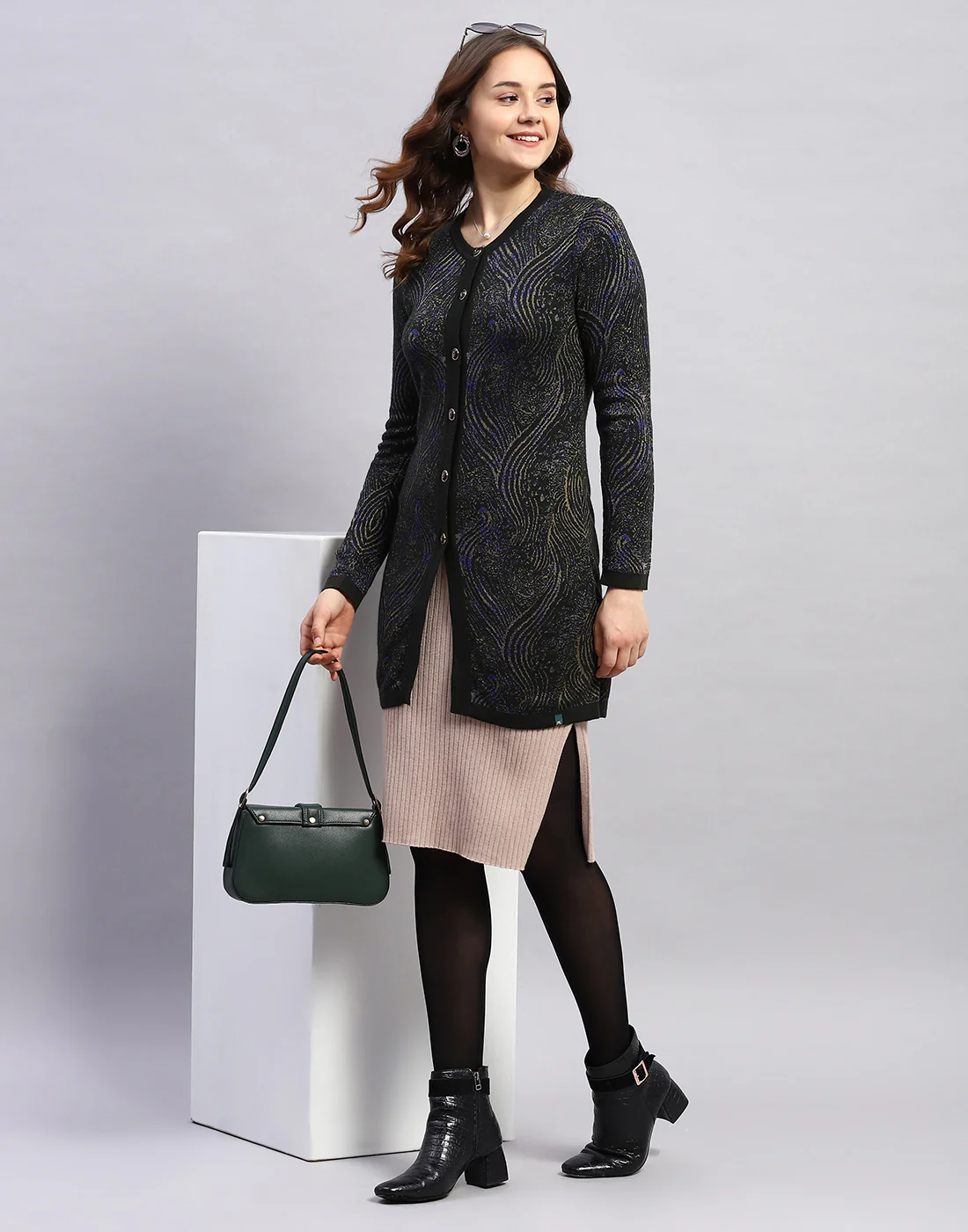 Women Black Self Design Round Neck Full Sleeve Cardigan - Image 2
