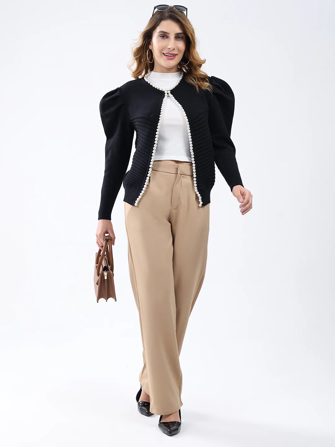 Women Black Self Design Round Neck Full Sleeve Cardigan - Image 2