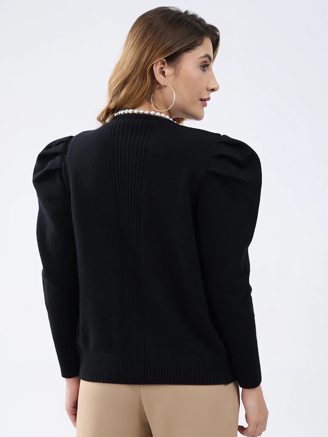 Women Black Self Design Round Neck Full Sleeve Cardigan - Image 5
