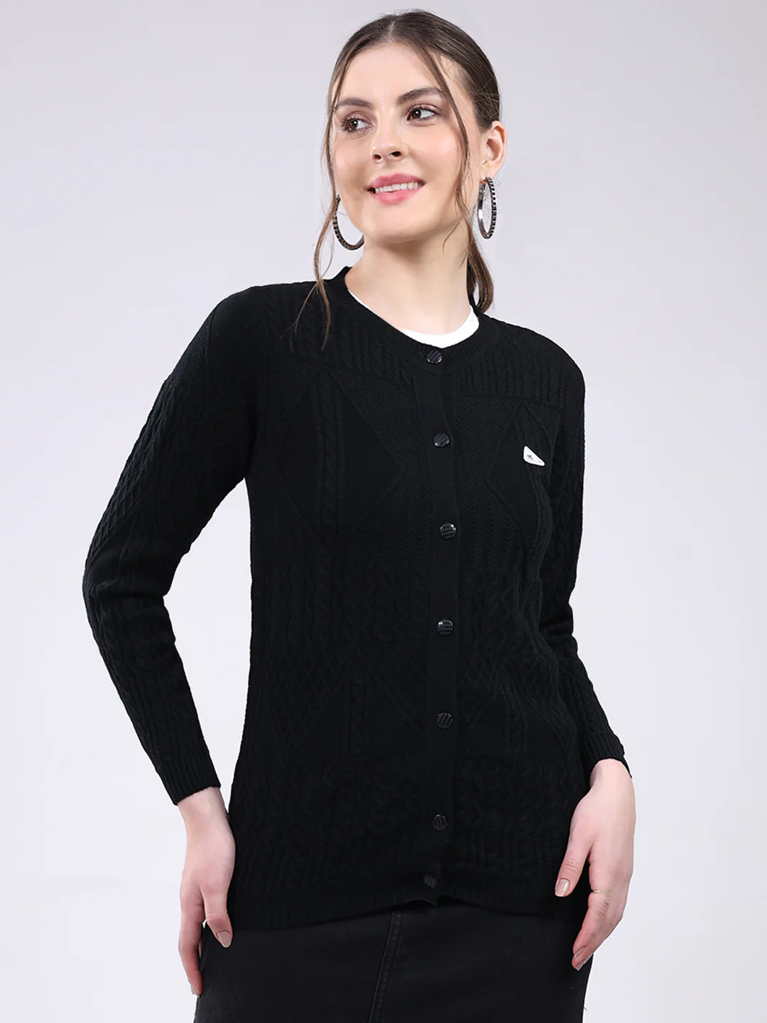 Women Black Self Design Round Neck Full Sleeve Cardigan