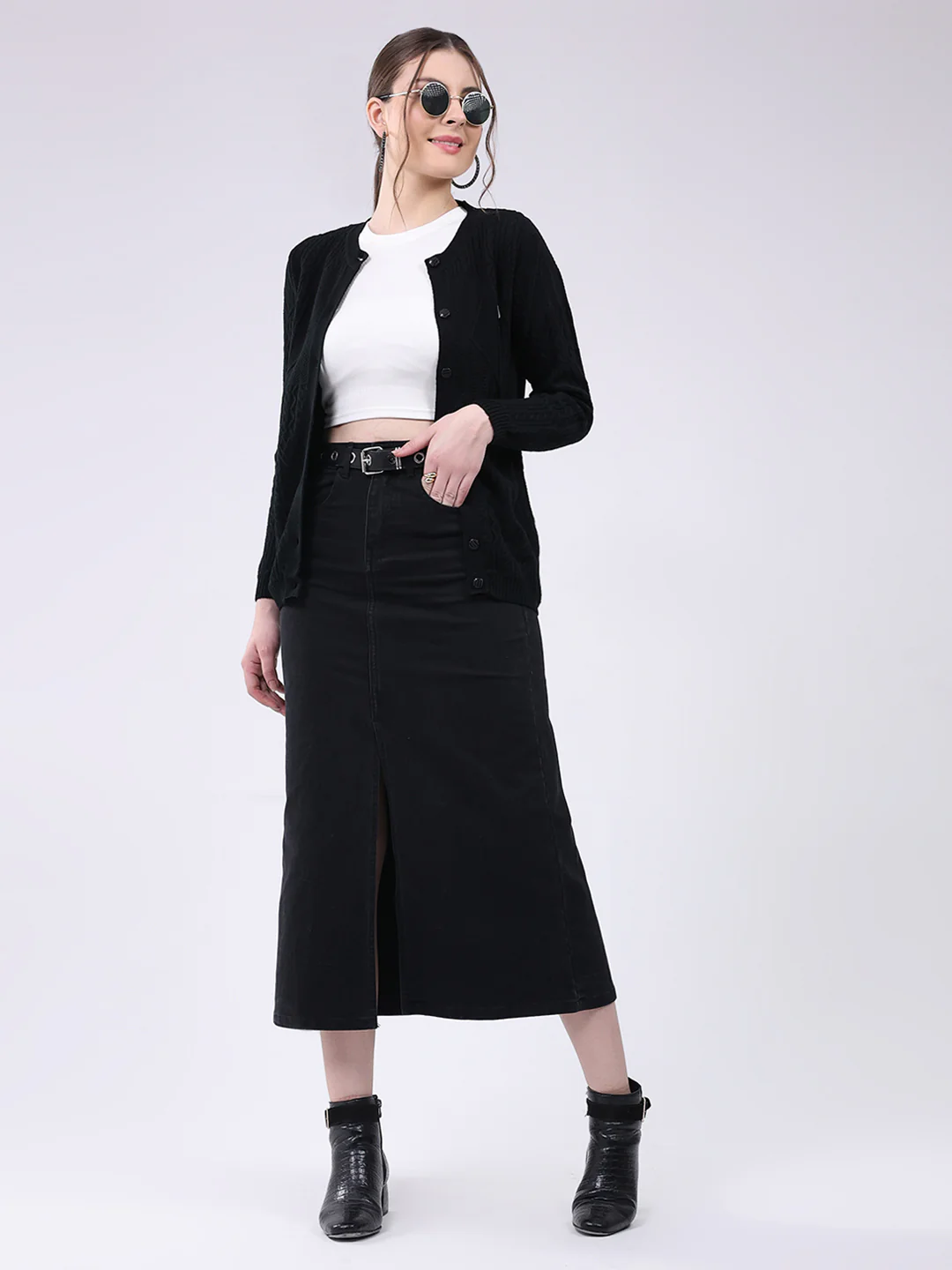 Women Black Self Design Round Neck Full Sleeve Cardigan - Image 2