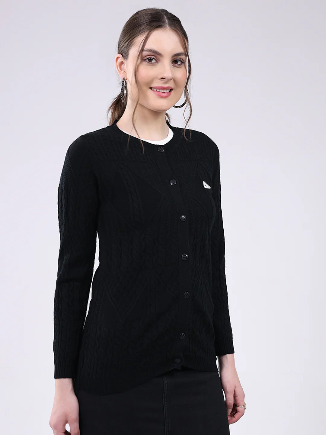 Women Black Self Design Round Neck Full Sleeve Cardigan - Image 4