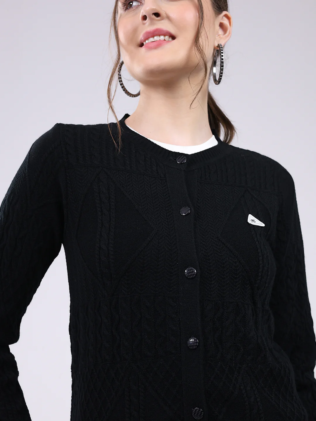 Women Black Self Design Round Neck Full Sleeve Cardigan - Image 6