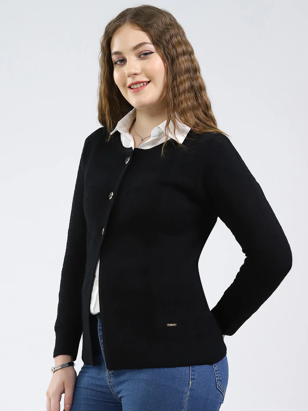 Women Black Self Design Round Neck Full Sleeve Cardigan - Image 3