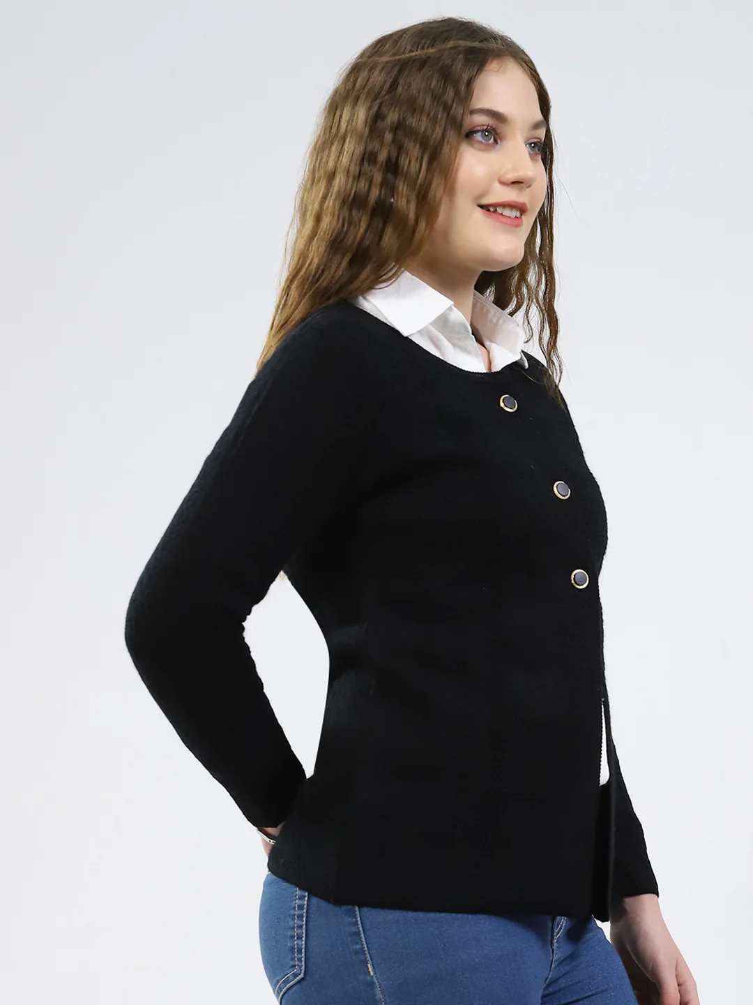Women Black Self Design Round Neck Full Sleeve Cardigan - Image 4
