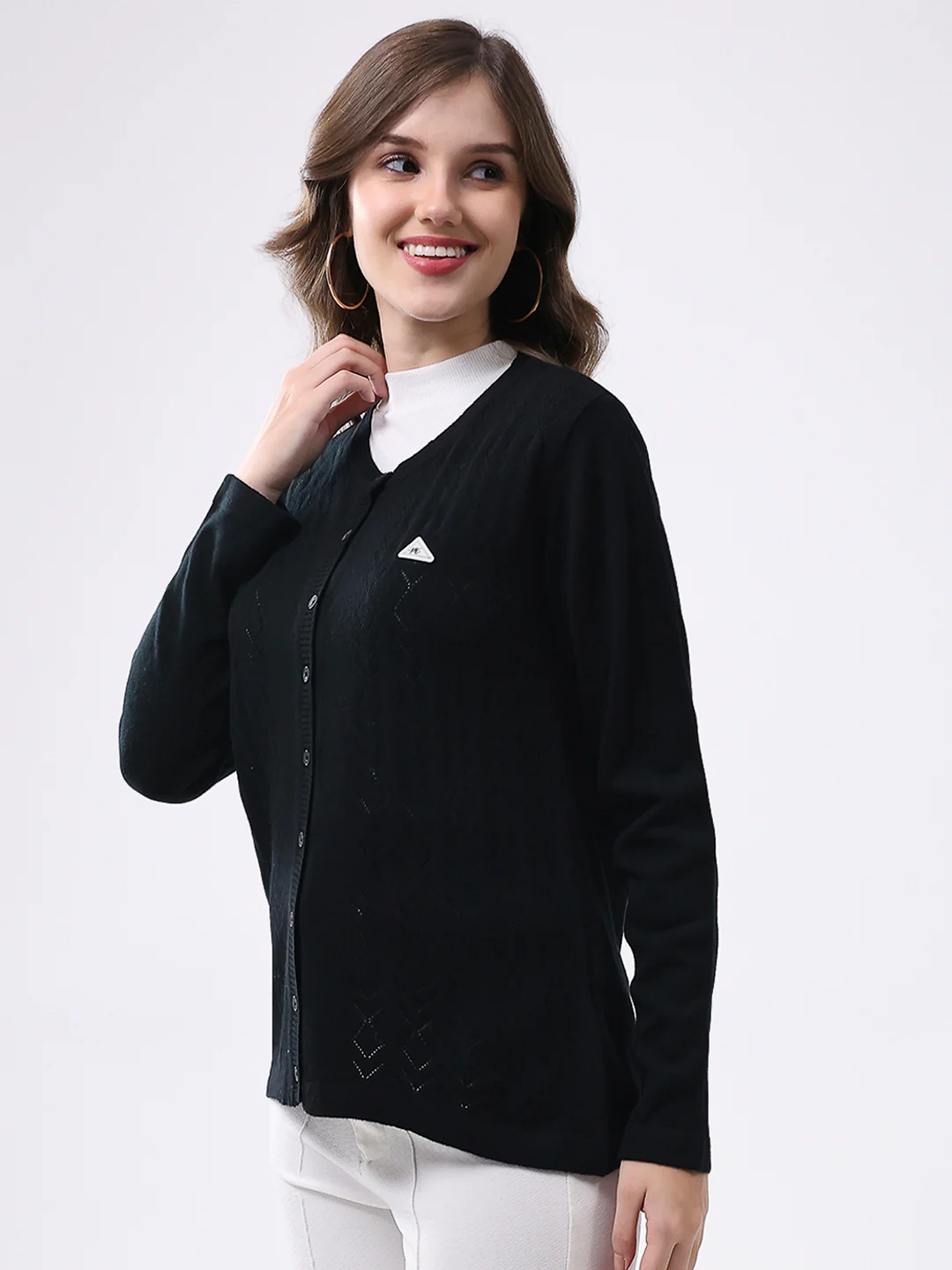 Women Black Self Design Round Neck Full Sleeve Cardigan - Image 3
