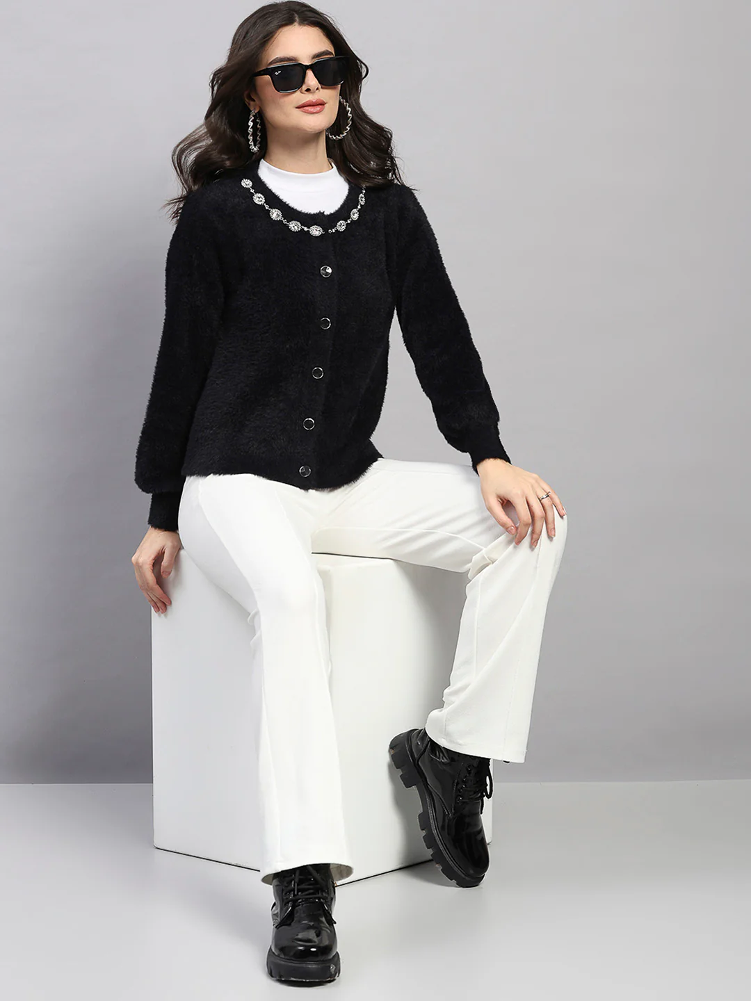 Women Black Self Design Round Neck Full Sleeve Cardigan - Image 2
