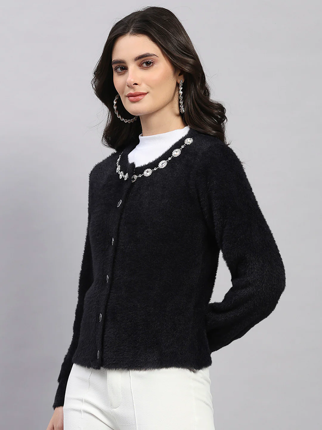 Women Black Self Design Round Neck Full Sleeve Cardigan - Image 3