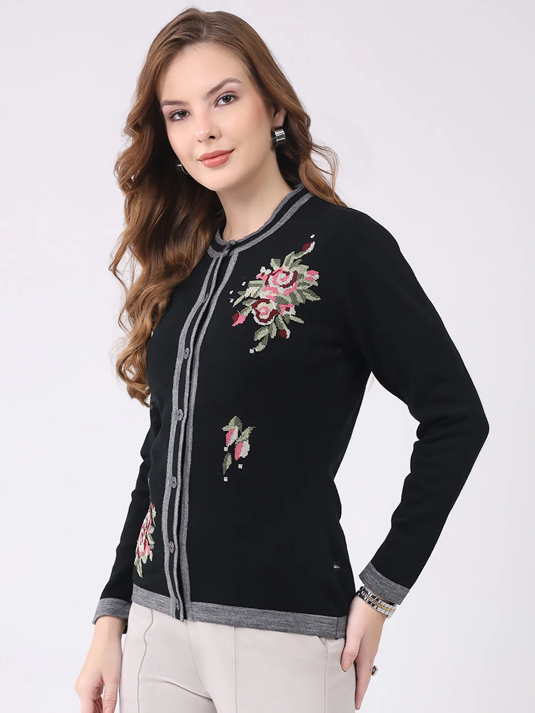 Women Black Self Design Round Neck Full Sleeve Cardigan - Image 3