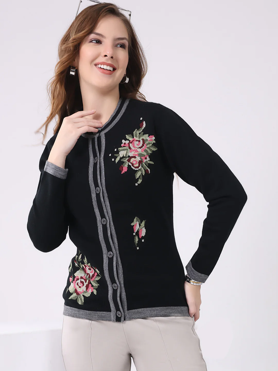 Women Black Self Design Round Neck Full Sleeve Cardigan - Image 6