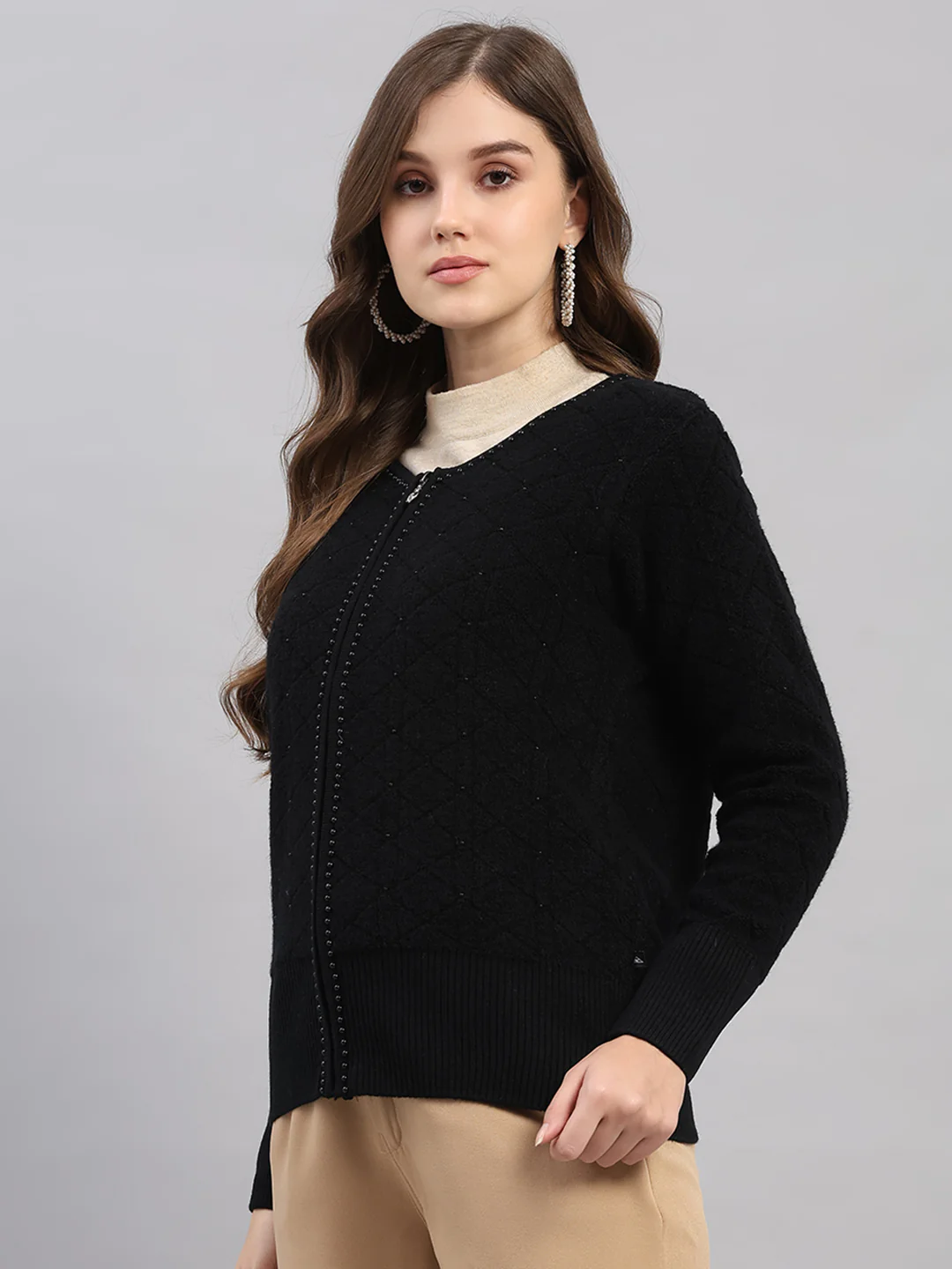 Women Black Self Design Round Neck Full Sleeve Cardigan - Image 3