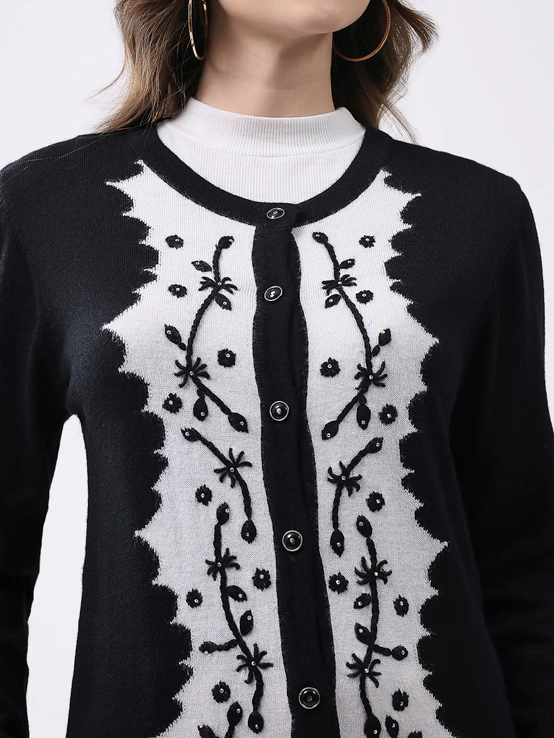 Women Black Self Design Round Neck Full Sleeve Cardigan - Image 6