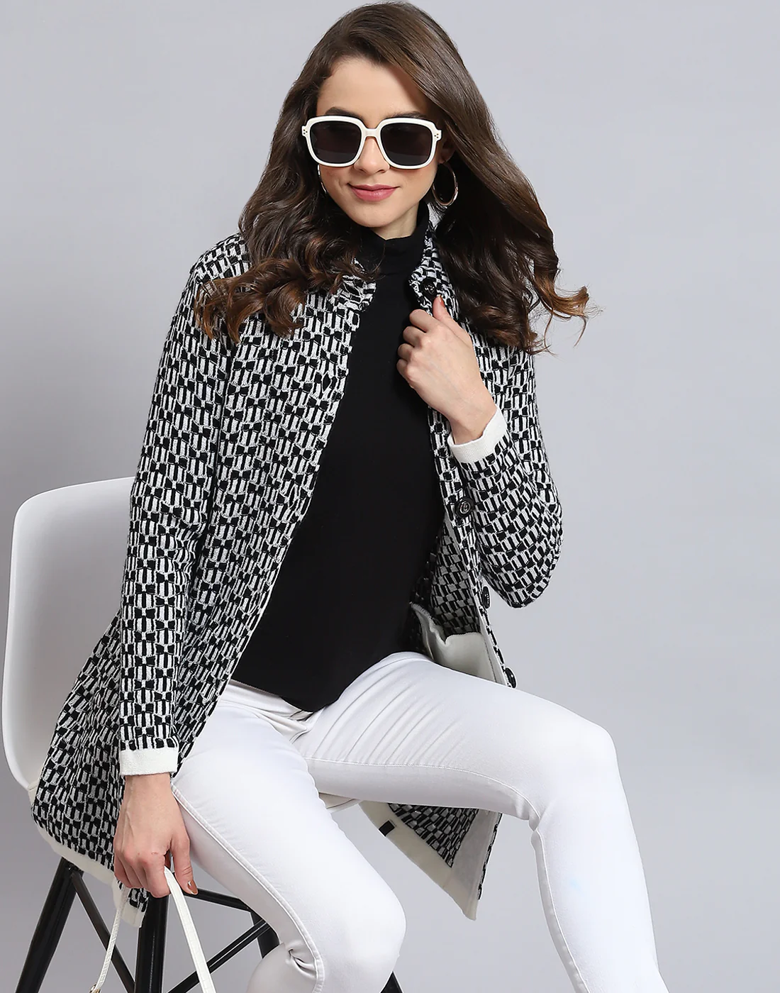 Women Black Self Design Round Neck Full Sleeve Coat - Image 2