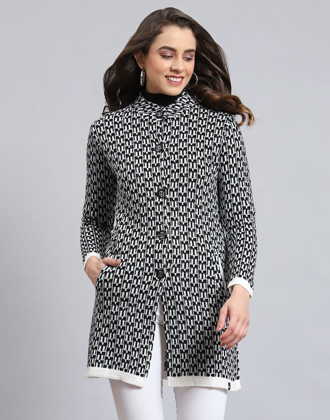 Women Black Self Design Round Neck Full Sleeve Coat - Image 3