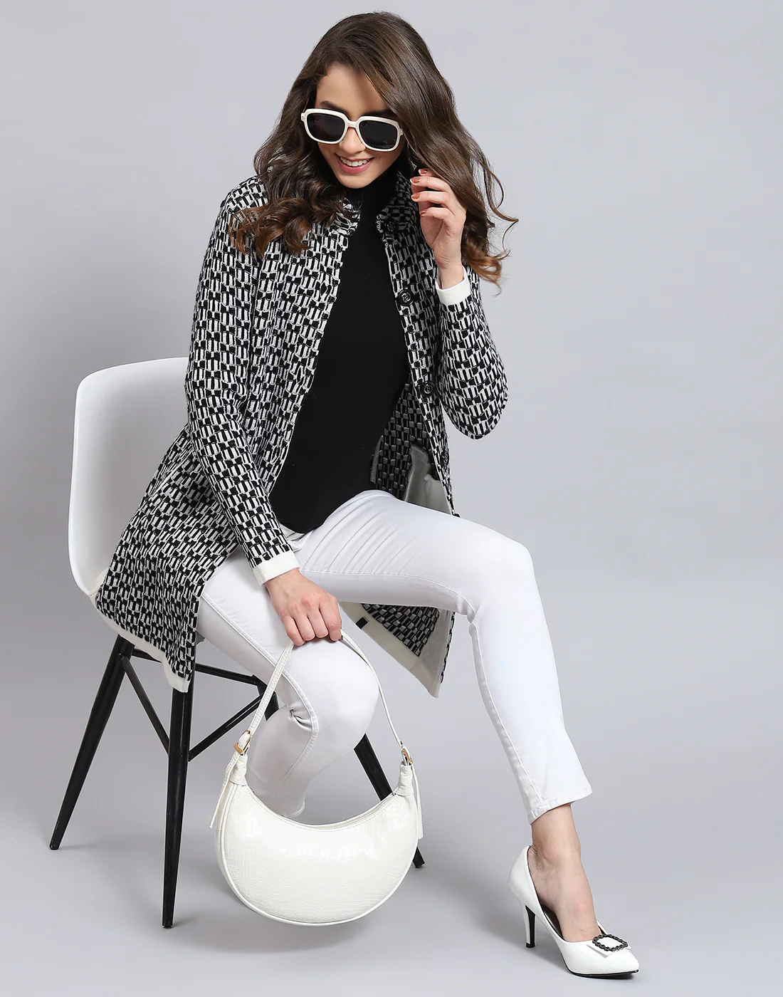 Women Black Self Design Round Neck Full Sleeve Coat - Image 7