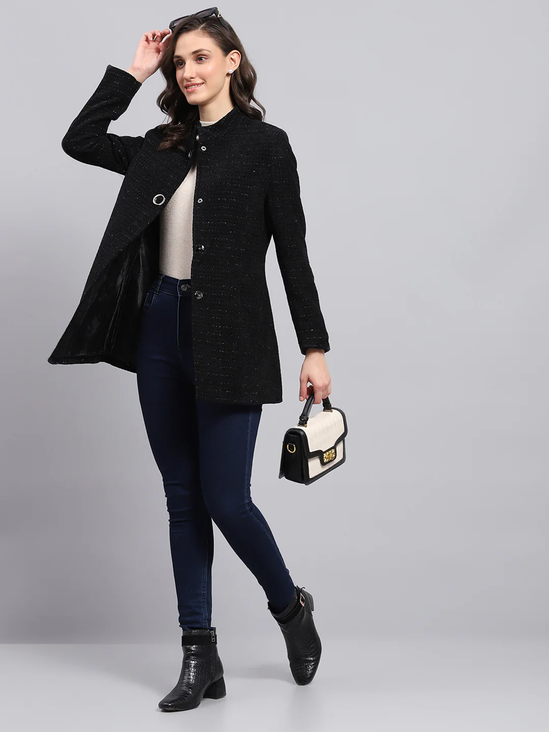 Women Black Self Design Round Neck Full Sleeve Coat - Image 2