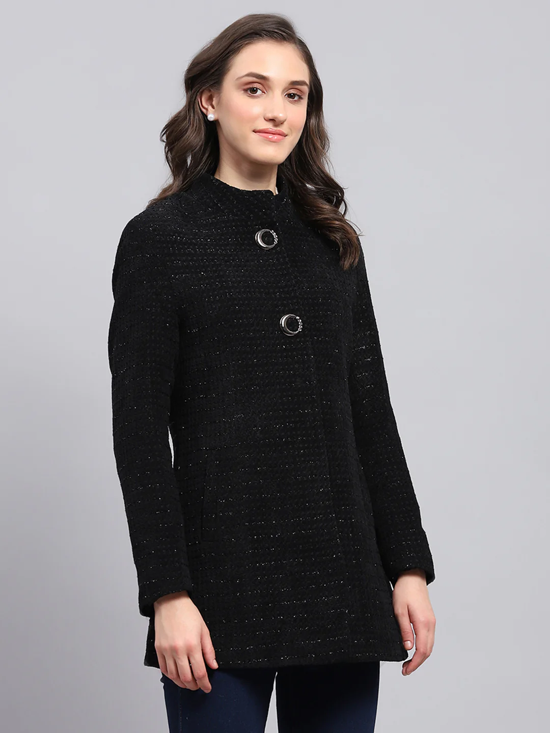 Women Black Self Design Round Neck Full Sleeve Coat - Image 4