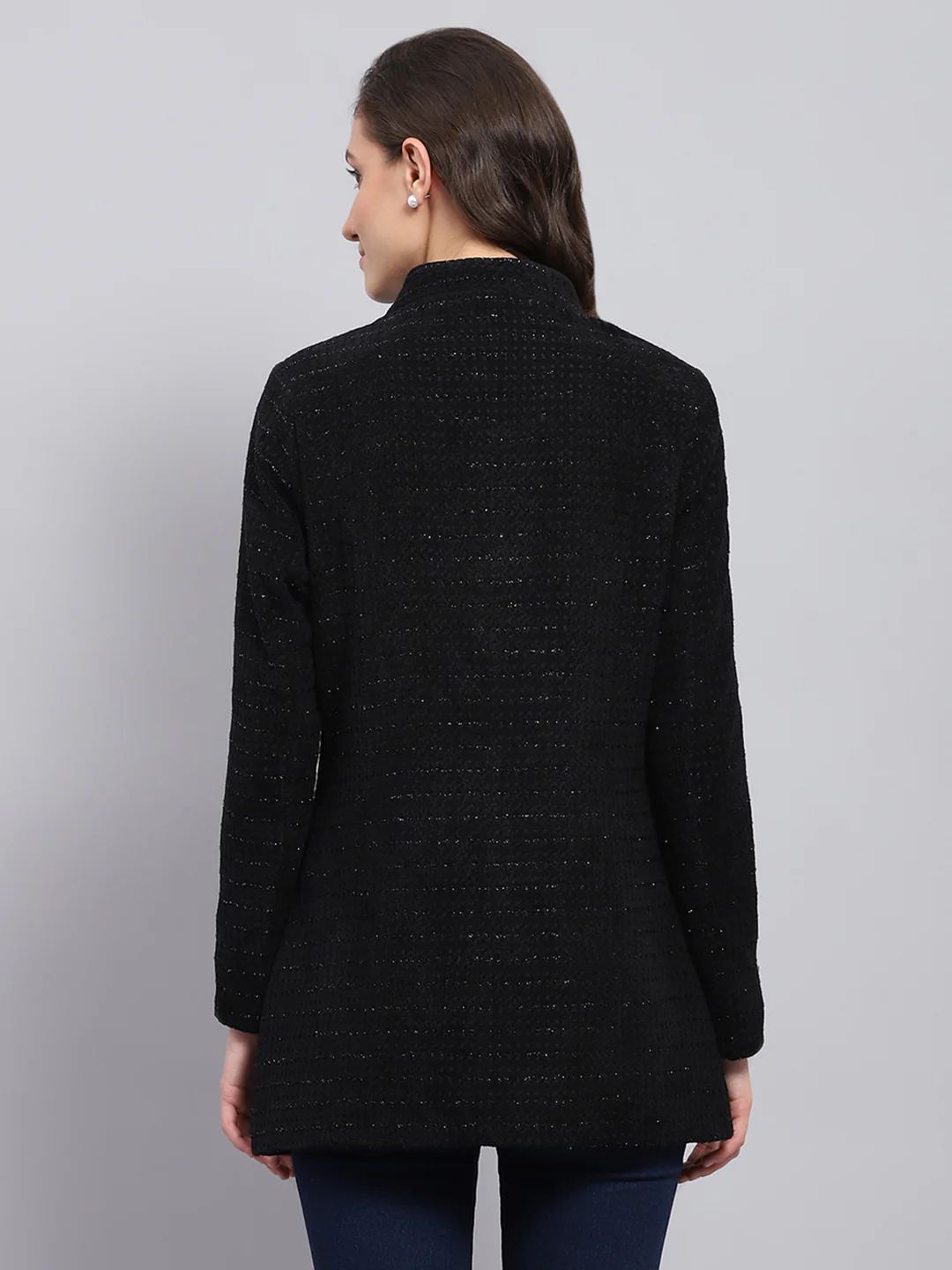 Women Black Self Design Round Neck Full Sleeve Coat - Image 5