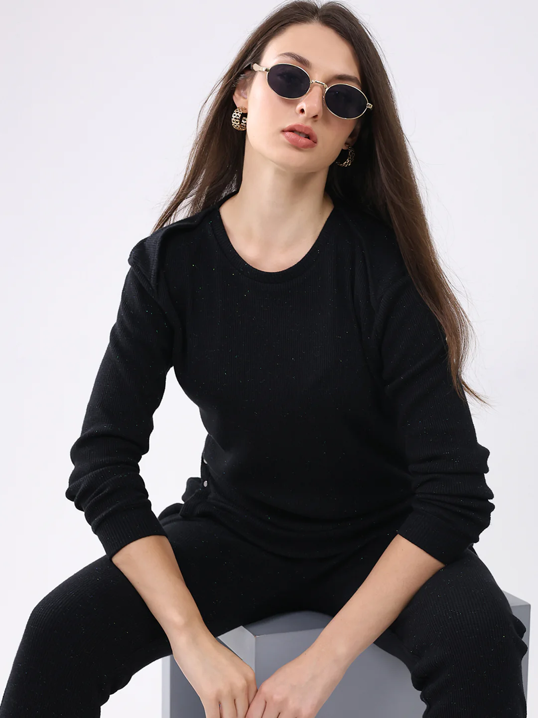 Women Black Self Design Round Neck Full Sleeve Cords Set - Image 2