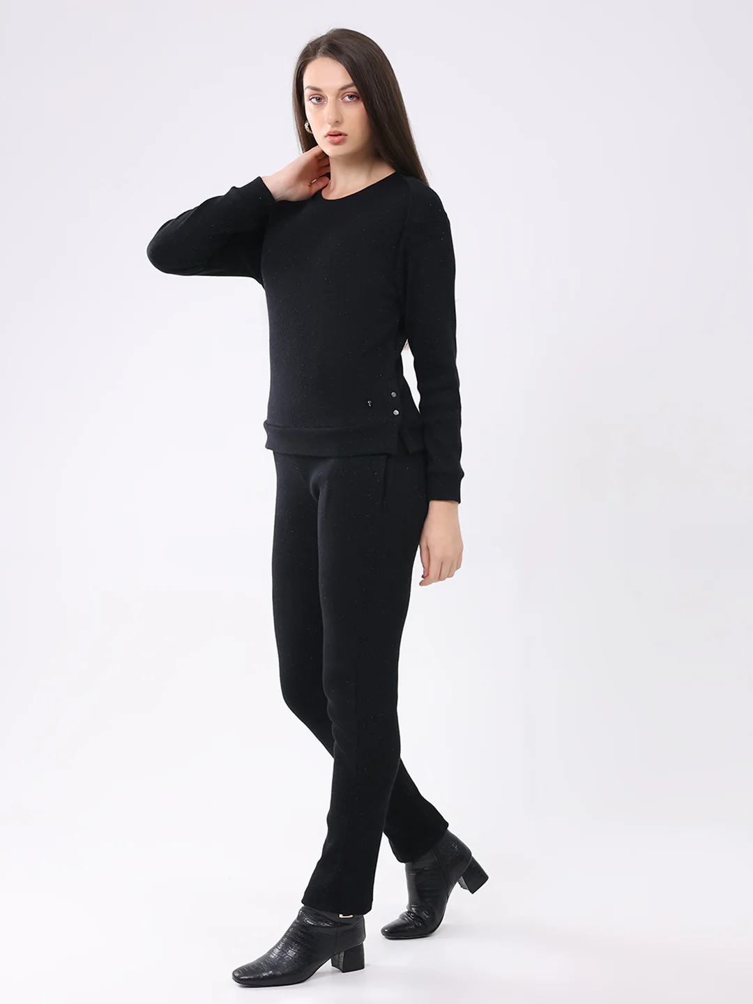 Women Black Self Design Round Neck Full Sleeve Cords Set - Image 4
