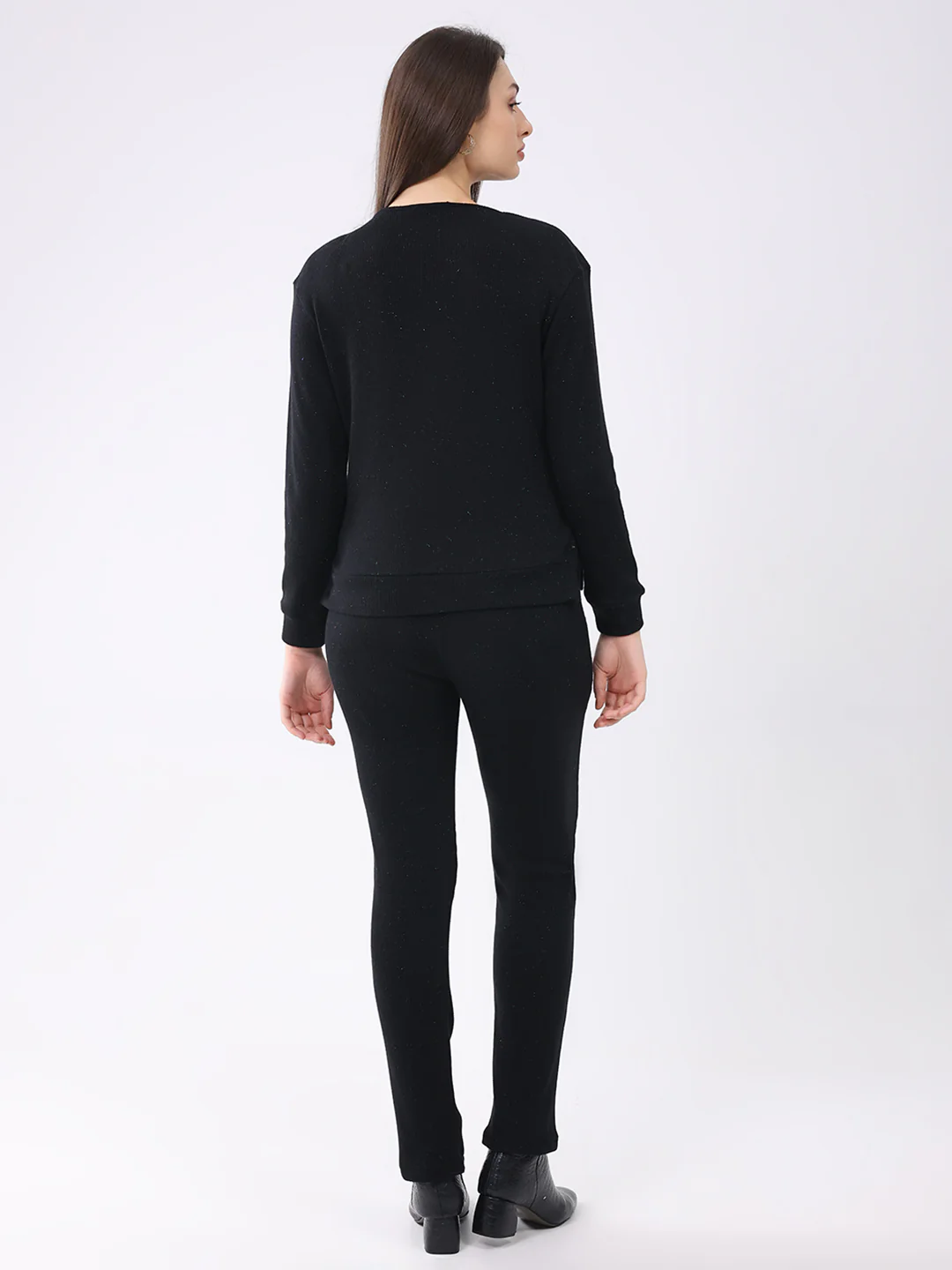 Women Black Self Design Round Neck Full Sleeve Cords Set - Image 6