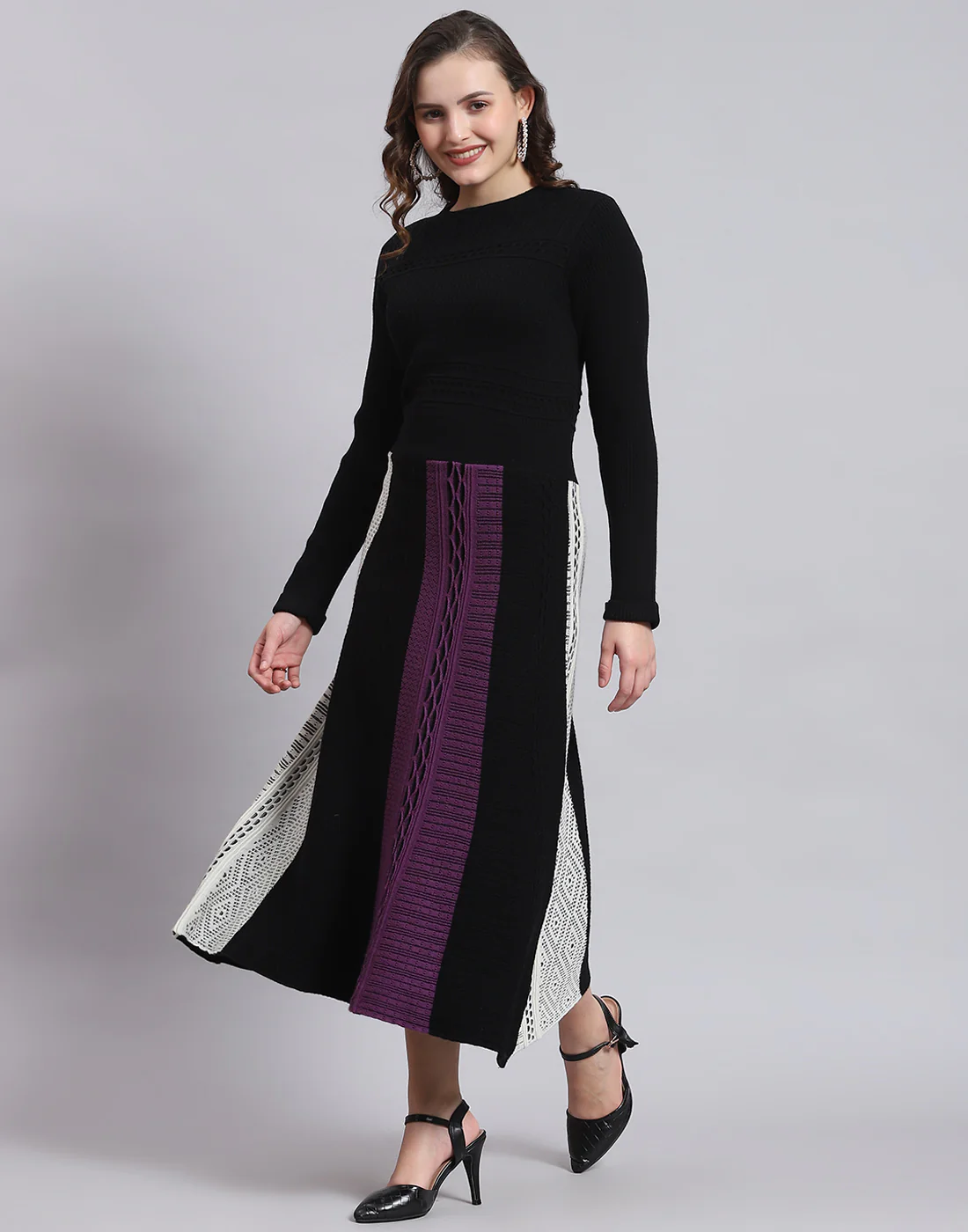 Women Black Self Design Round Neck Full Sleeve Dress - Image 3