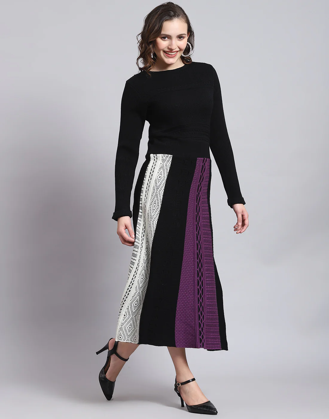 Women Black Self Design Round Neck Full Sleeve Dress - Image 4