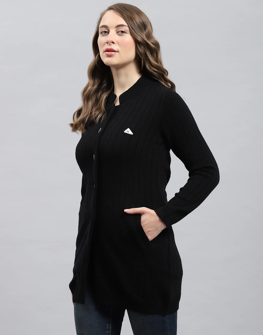 Women Black Self Design Round Neck Full Sleeve Knitted coat - Image 3