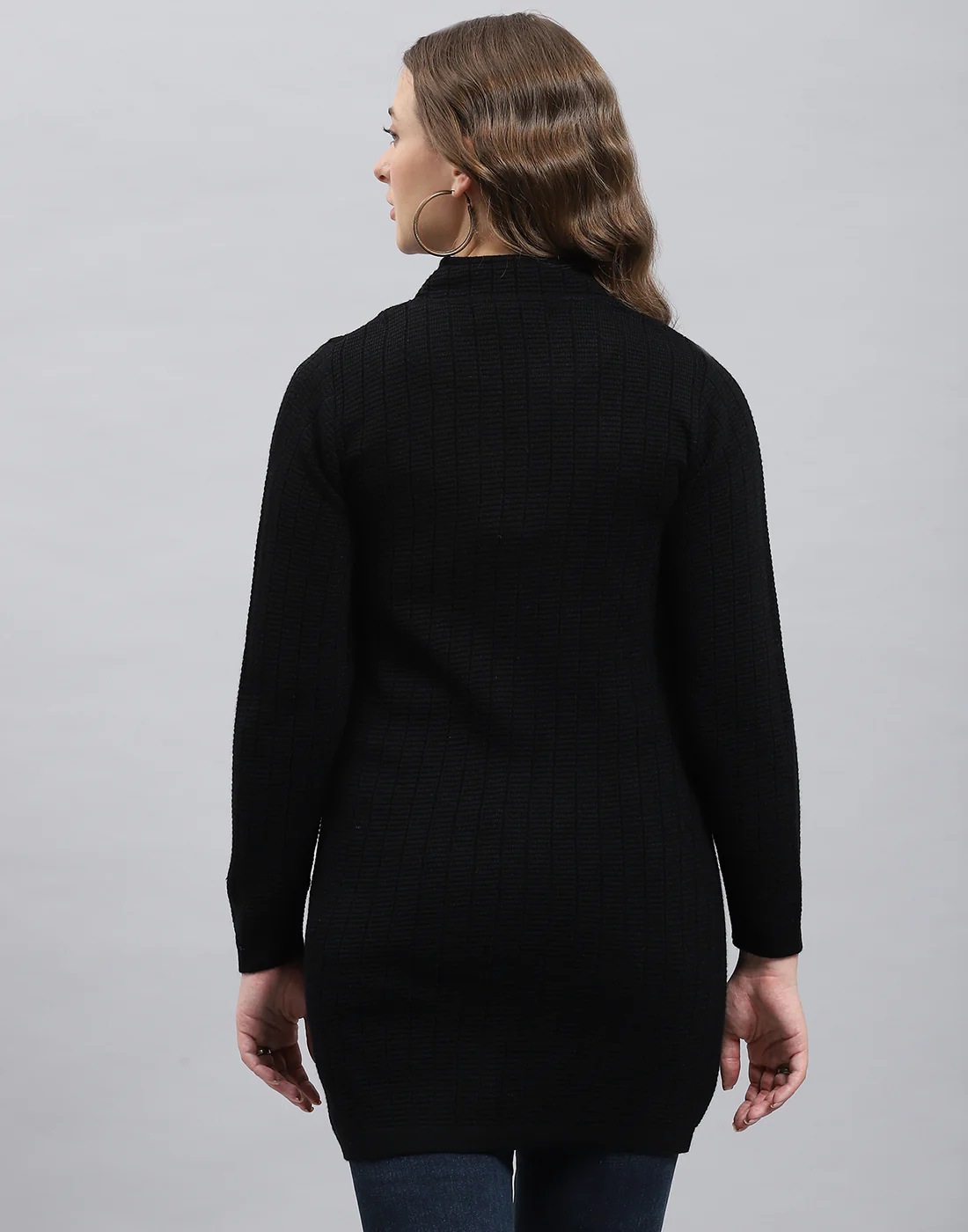 Women Black Self Design Round Neck Full Sleeve Knitted coat - Image 5