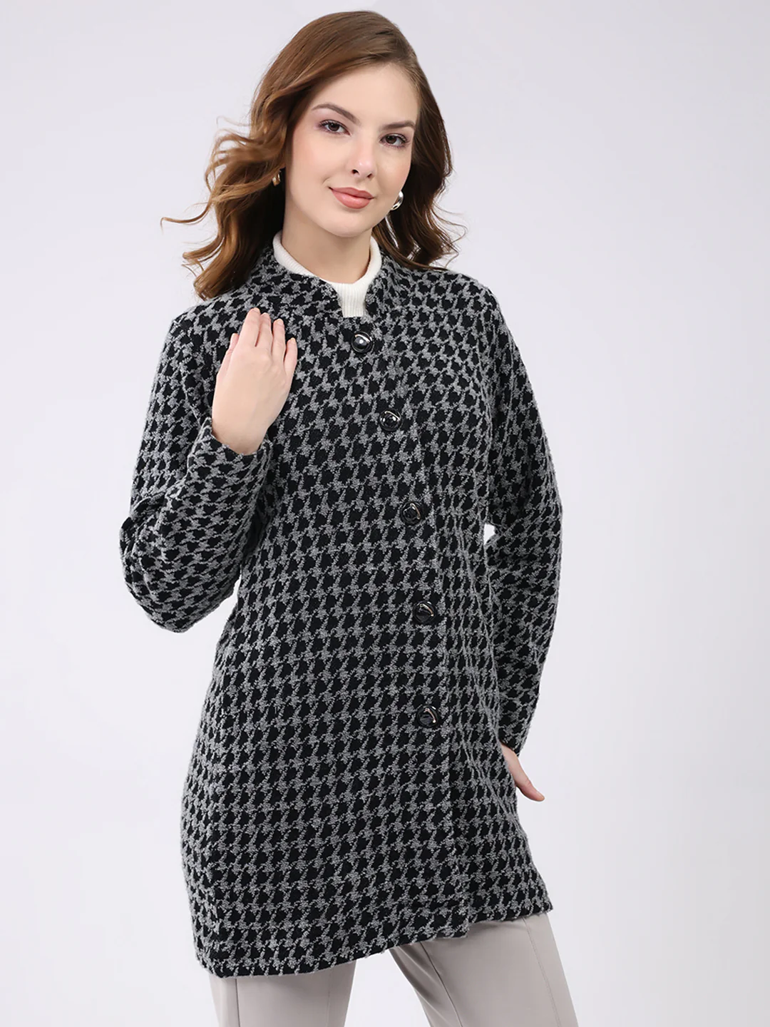 Women Black Self Design Round Neck Full Sleeve Knitted Coat - Image 4