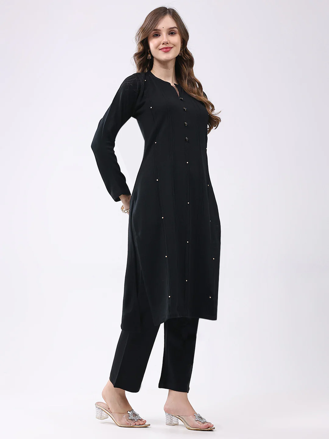 Women Black Self Design Round Neck Full Sleeve Kurti Set for Winter - Image 2