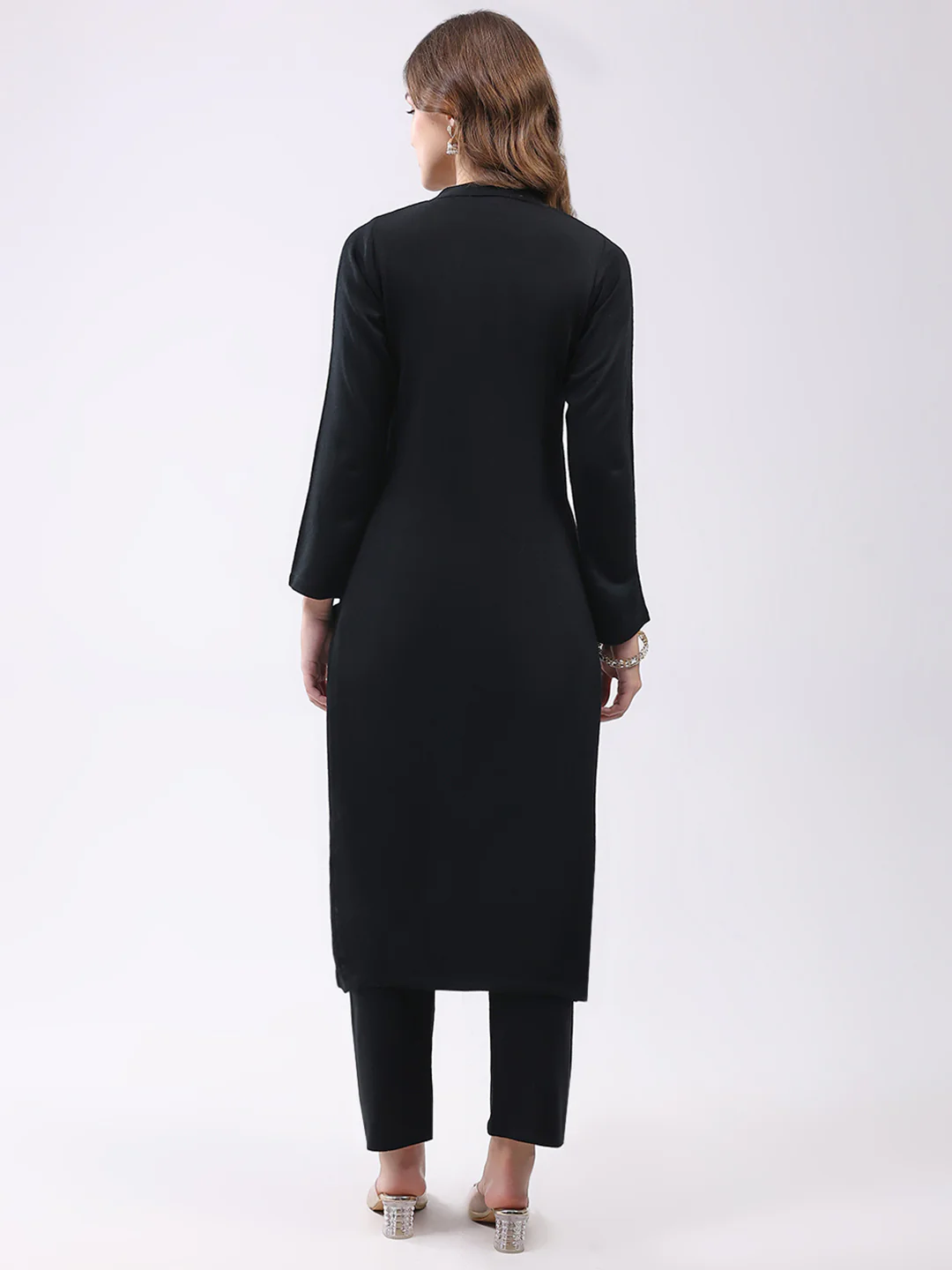 Women Black Self Design Round Neck Full Sleeve Kurti Set for Winter - Image 5