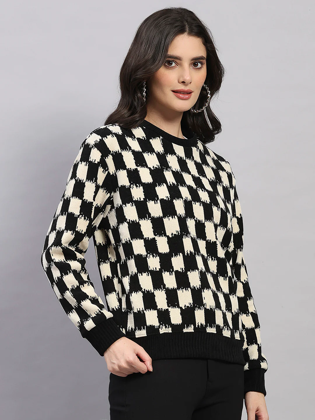 Women Black Self Design Round Neck Full Sleeve Sweatshirt - Image 4