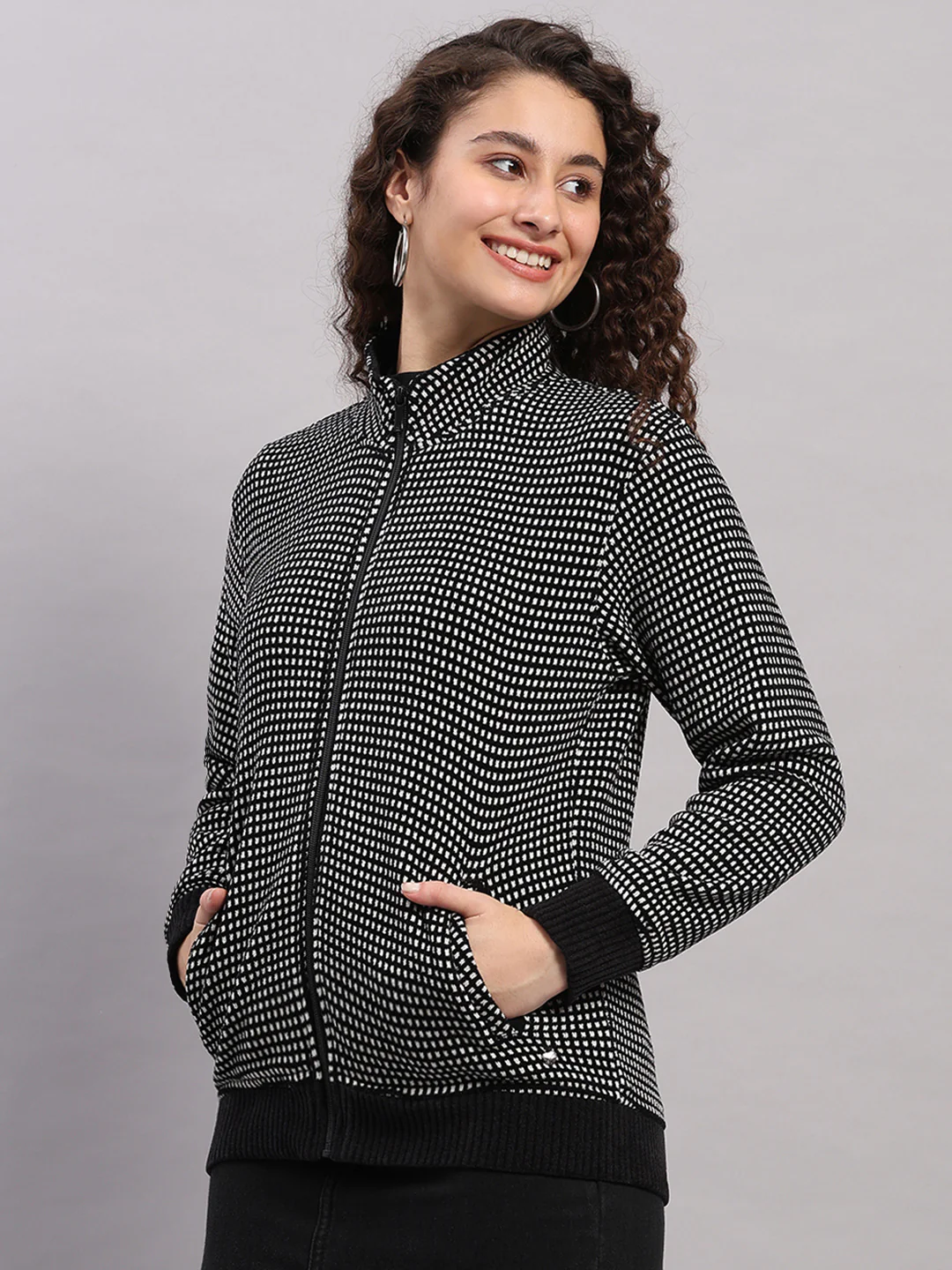 Women Black Self Design Round Neck Full Sleeve Sweatshirt - Image 3