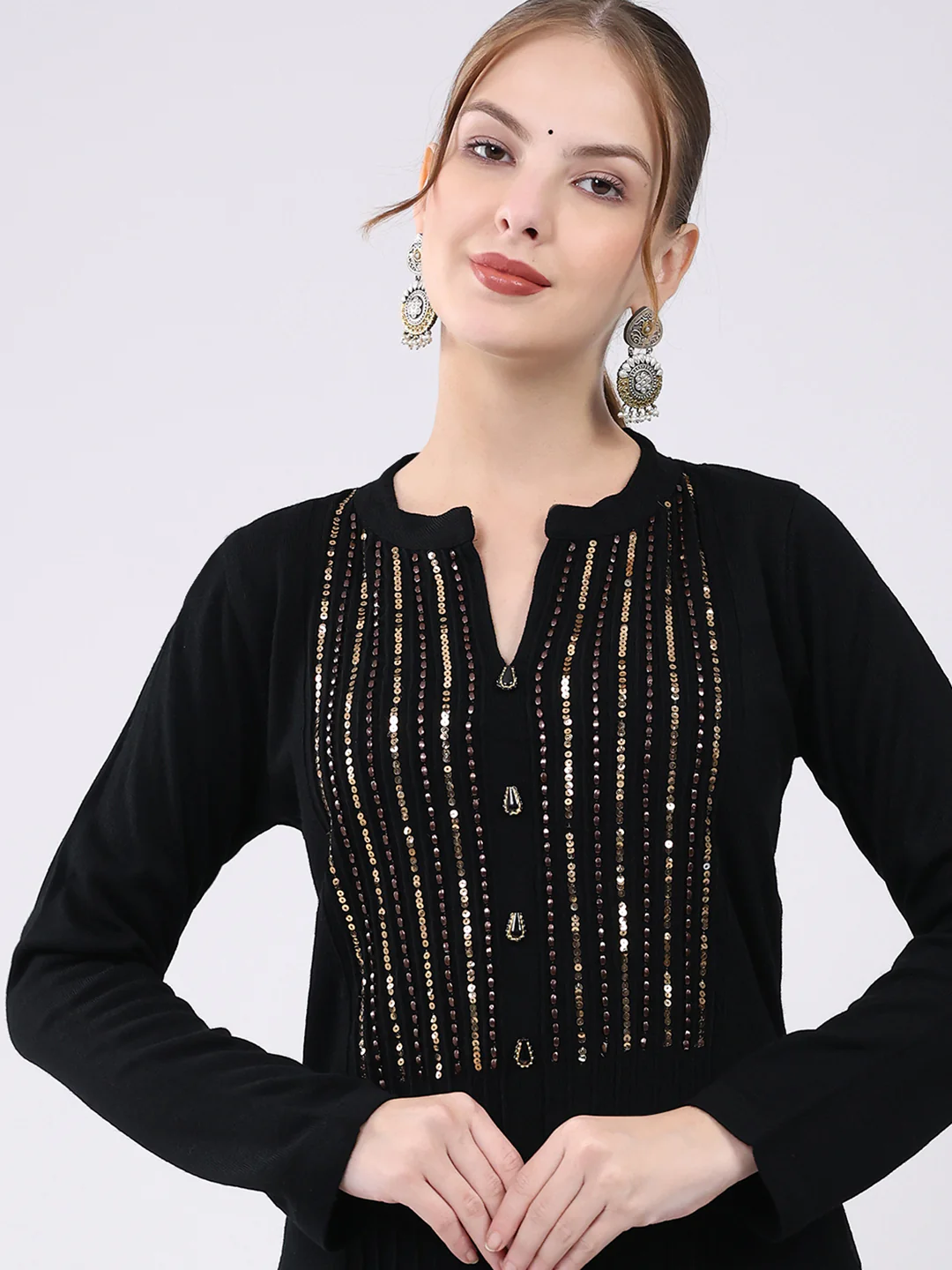 Women Black Self Design Round Neck Full Sleeve Winter Kurti - Image 6