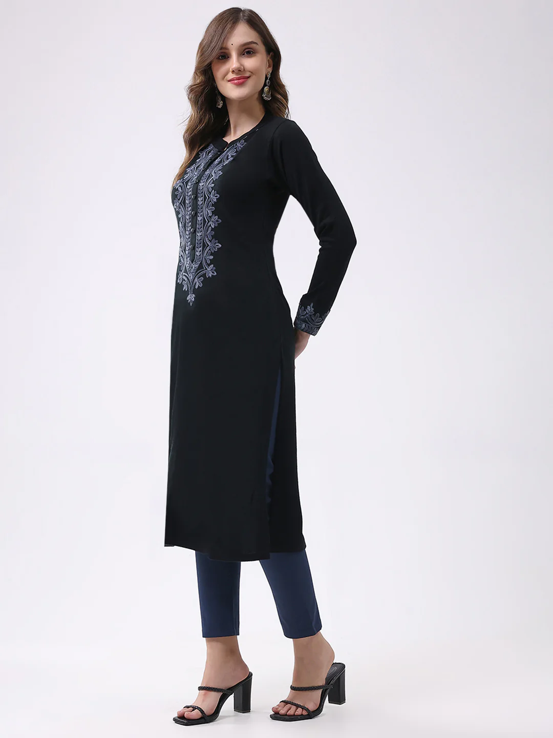 Women Black Self Design Round Neck Full Sleeve Winter Kurti - Image 3