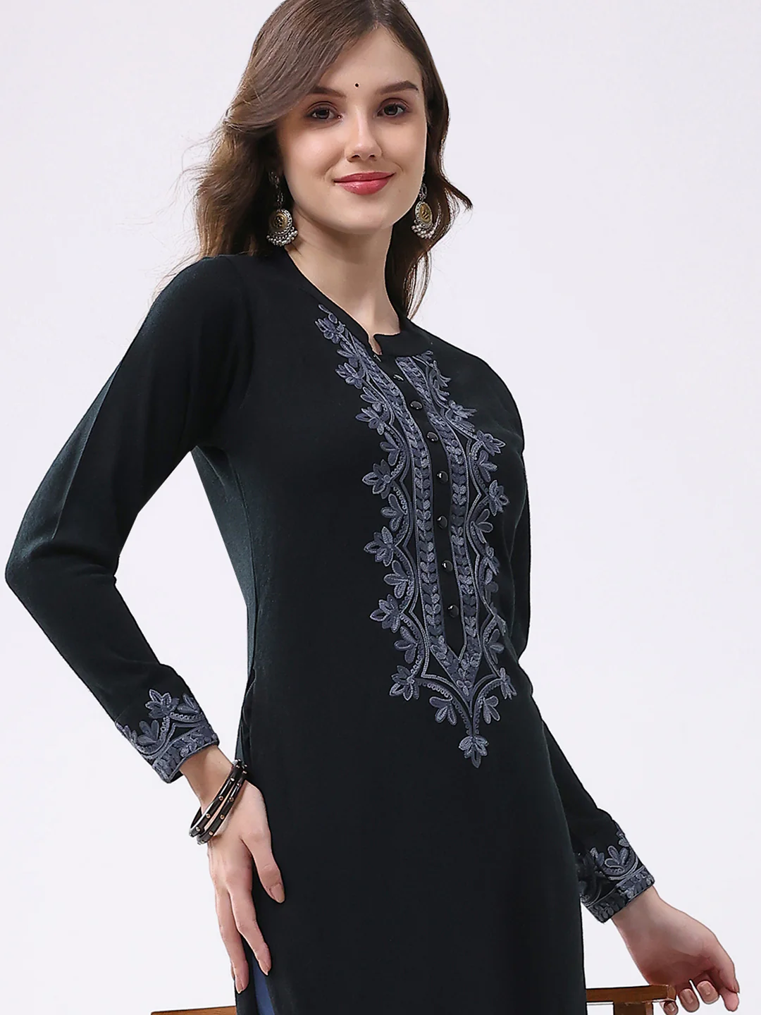 Women Black Self Design Round Neck Full Sleeve Winter Kurti - Image 6