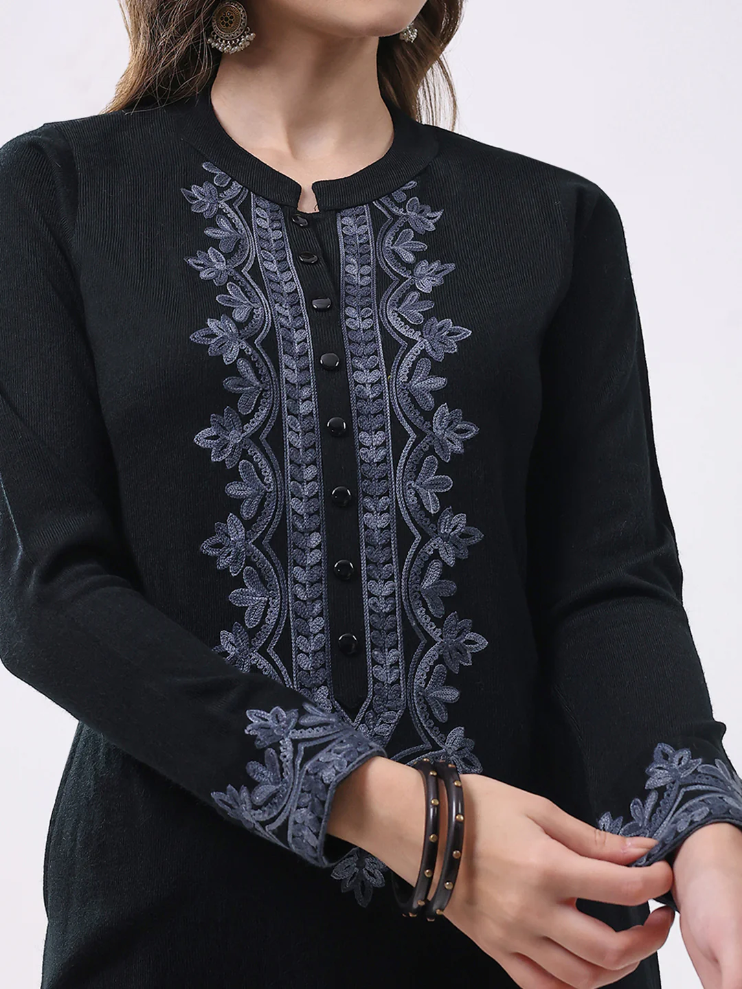 Women Black Self Design Round Neck Full Sleeve Winter Kurti - Image 7