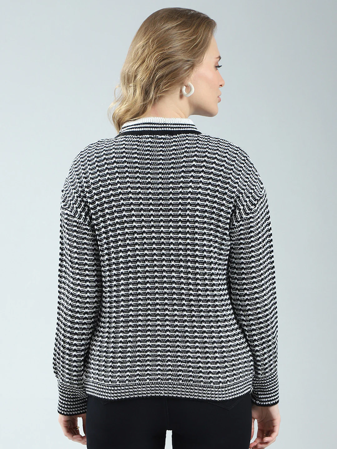 Women Black Self Design Round Neck Full Sleeve Winter Top - Image 5