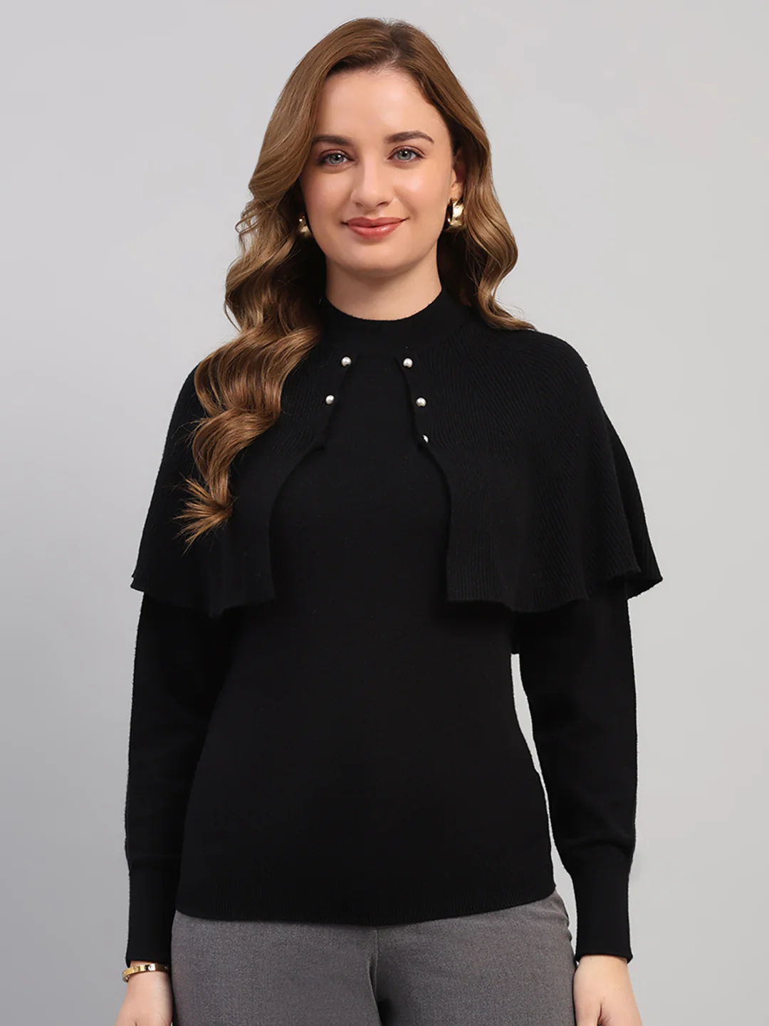 Women Black Self Design Round Neck Full Sleeve Winter Top
