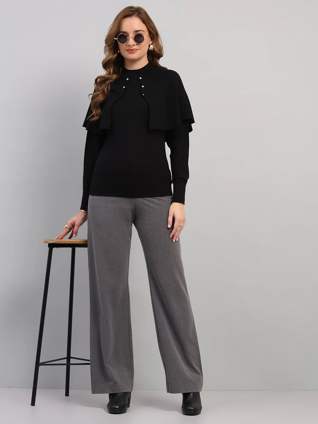 Women Black Self Design Round Neck Full Sleeve Winter Top - Image 2