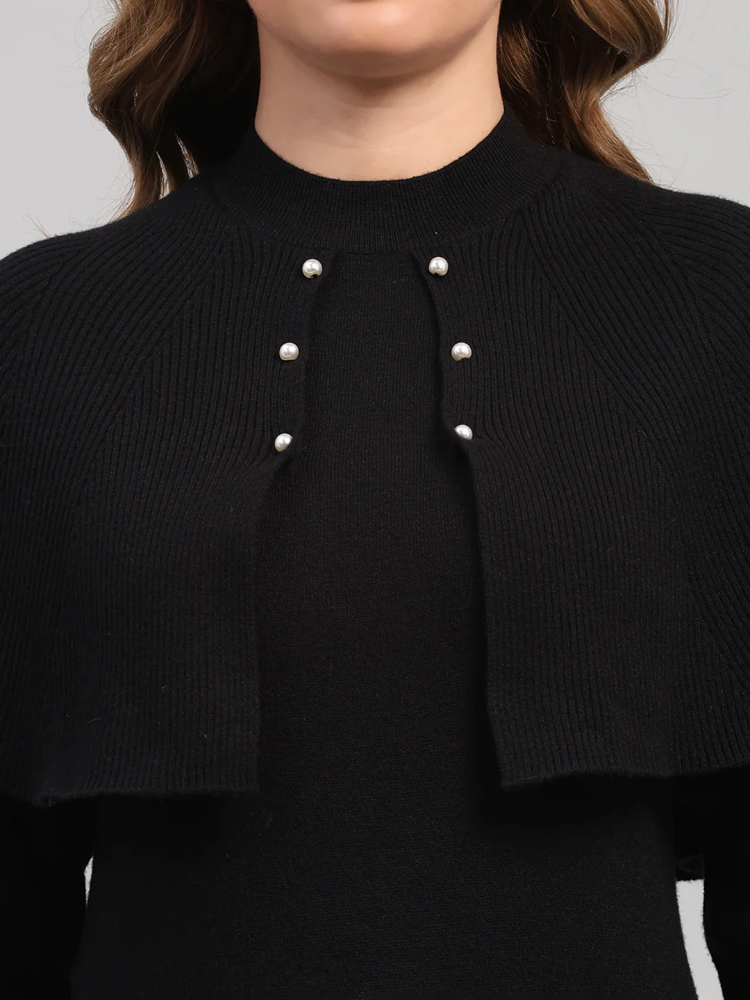 Women Black Self Design Round Neck Full Sleeve Winter Top - Image 6